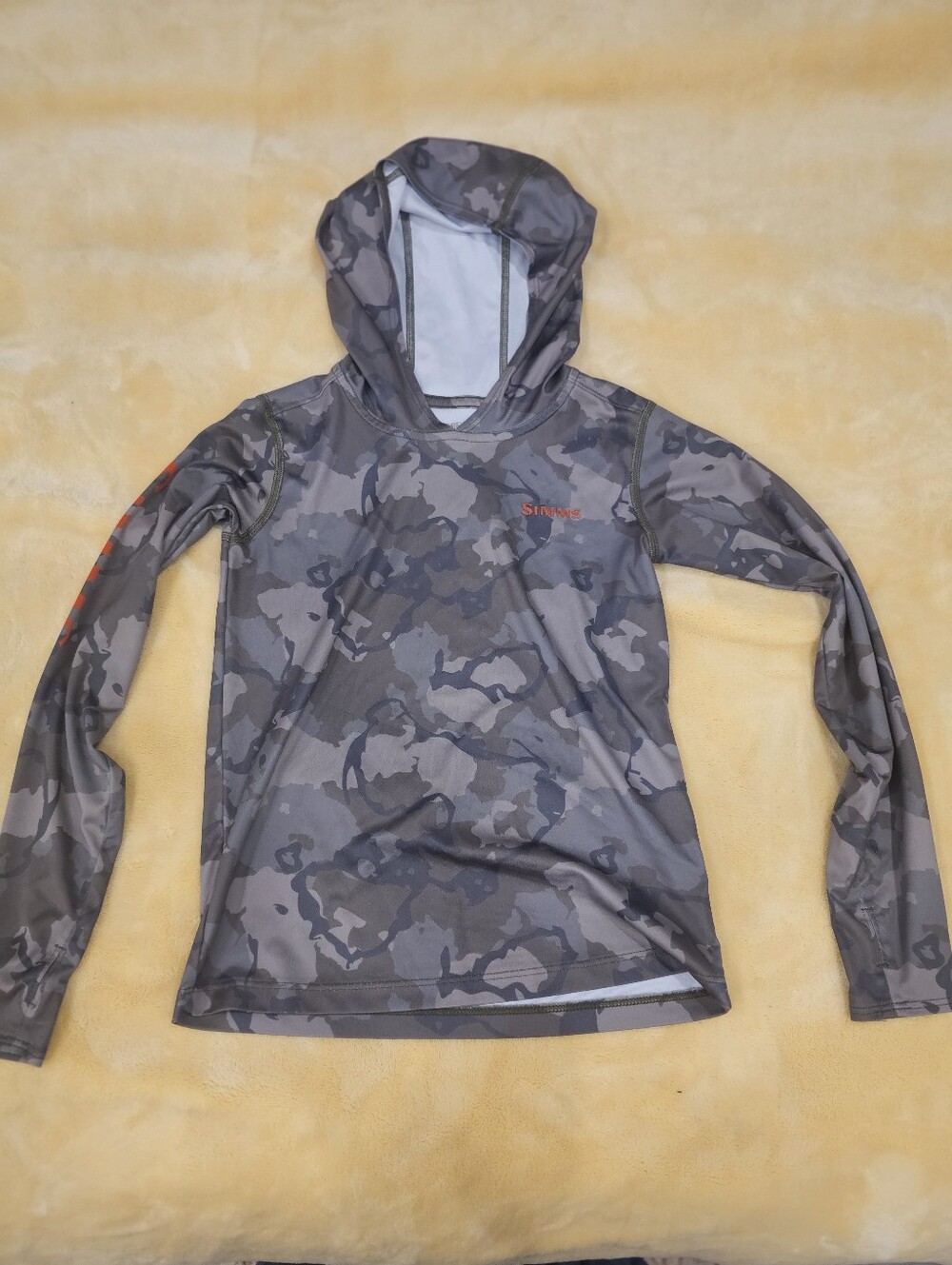Simms Gray Camo Hooded Sun Shirt with Orange Logo